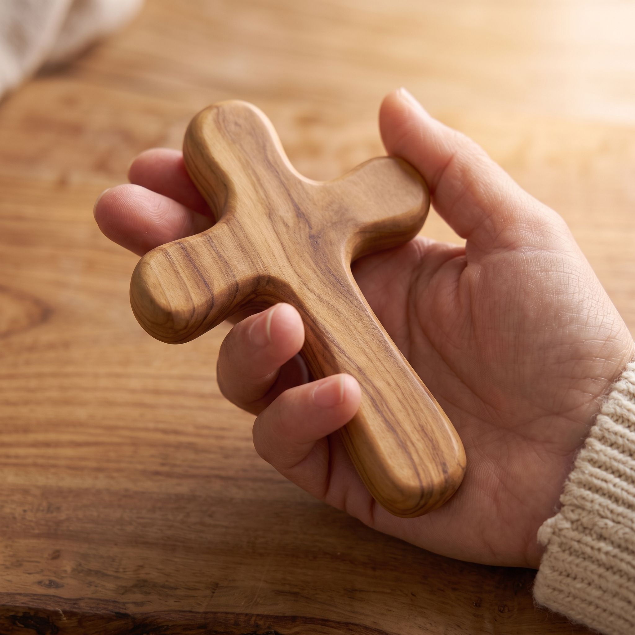 Holding the olive wood comfort cross during prayer